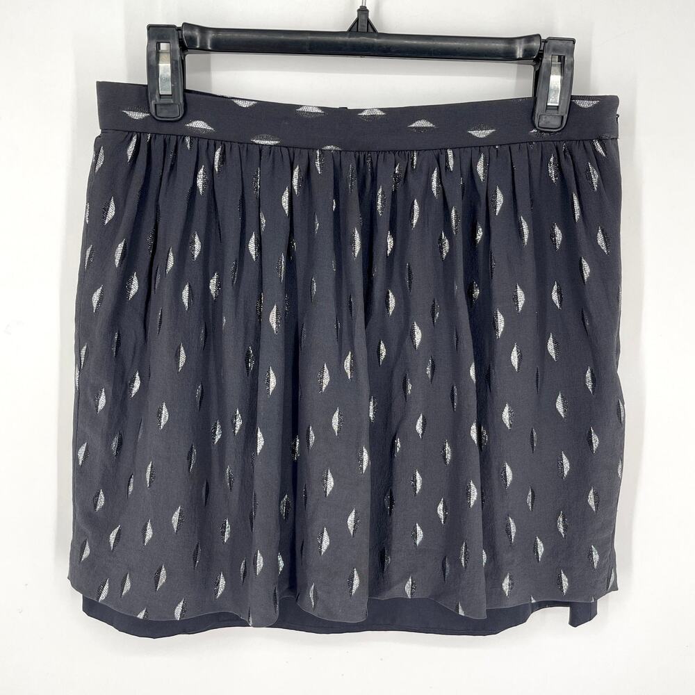 Club Monaco Silk Shimmery Metallic Leaves Mini Skirt Sz 6 Black Silver Lined